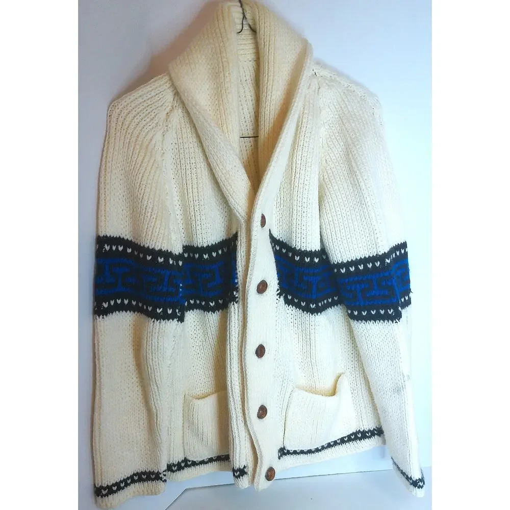 Vintage Heavy Chunky Hand Knit Cardigan Shawl Collar Greek Key Pattern L/XL - Picture 11 of 11